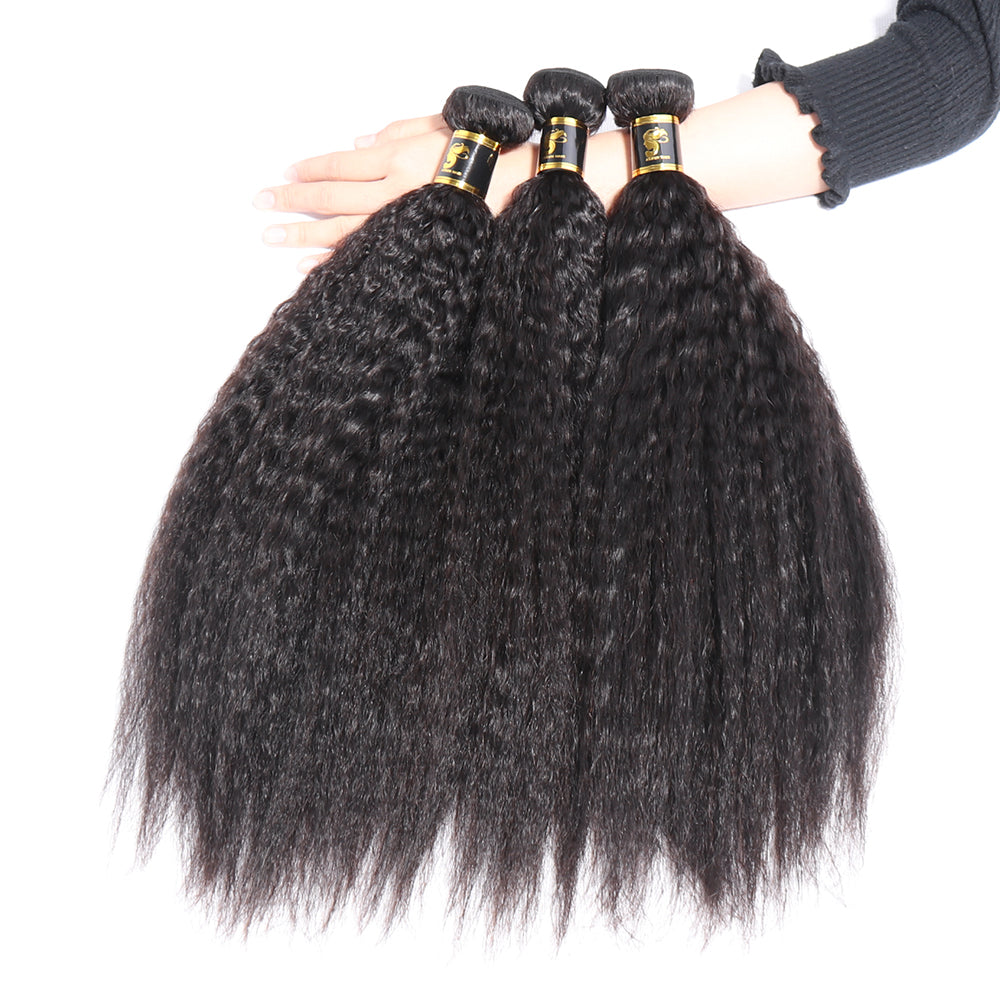 Unprocessed Brazilian Virgin Kinky Straight Human Hair 3 Bundles with 13x4 Lace Frontal Natural Black Color Hair Extension