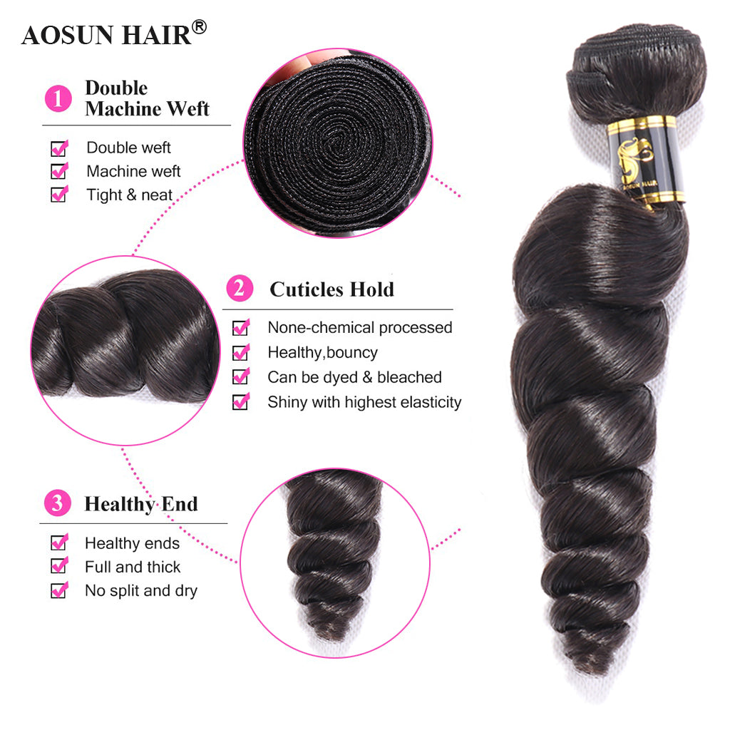 Aosun Brazilian Hair Loose Wave Bundles with Closure 100% Natural with Free Shipping