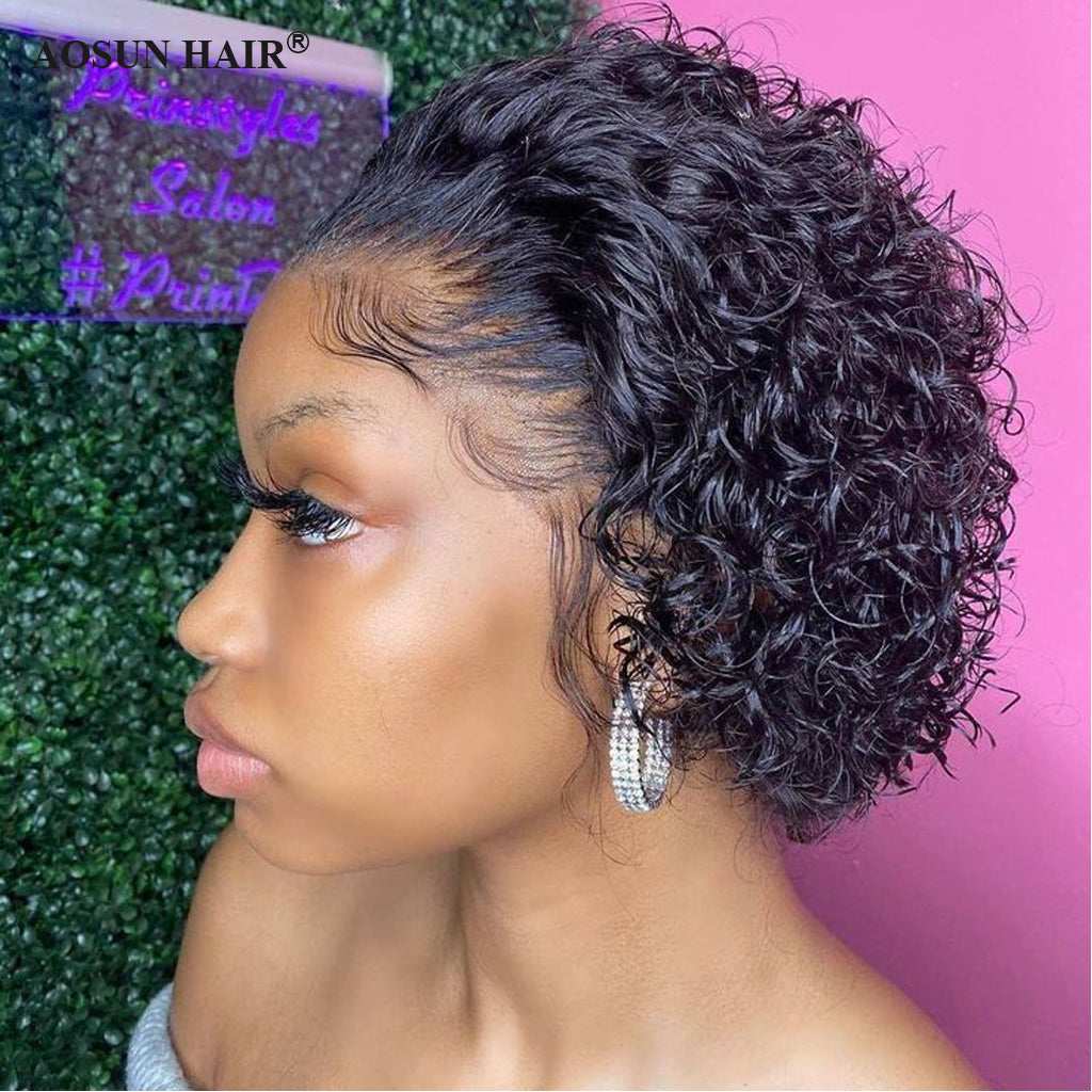 Aosun Curly Pixie Cut Wig For Black Women Human Hair Wigs Bob 13x4 Lace Wigs