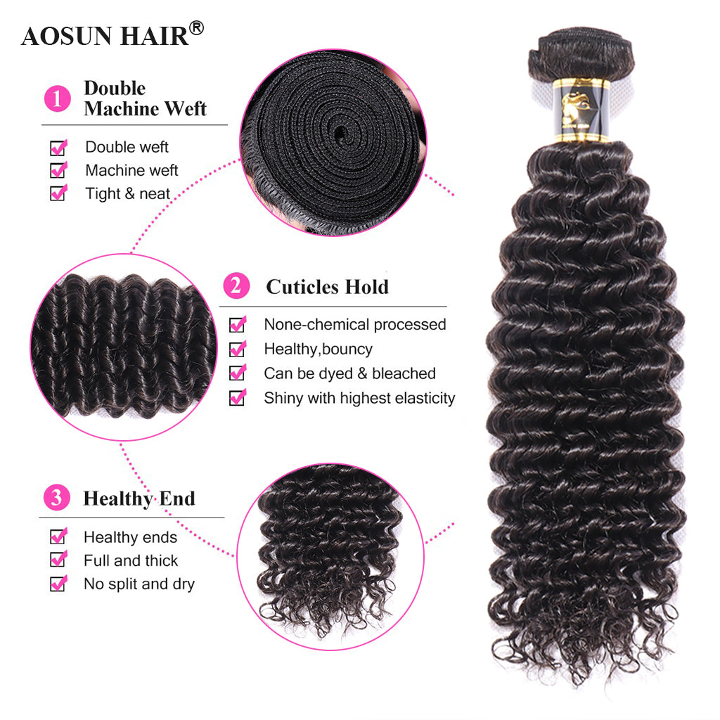 Aosun Deep Wave Human Hair Bundles With Closure Brazilian Hair Weave With Closure