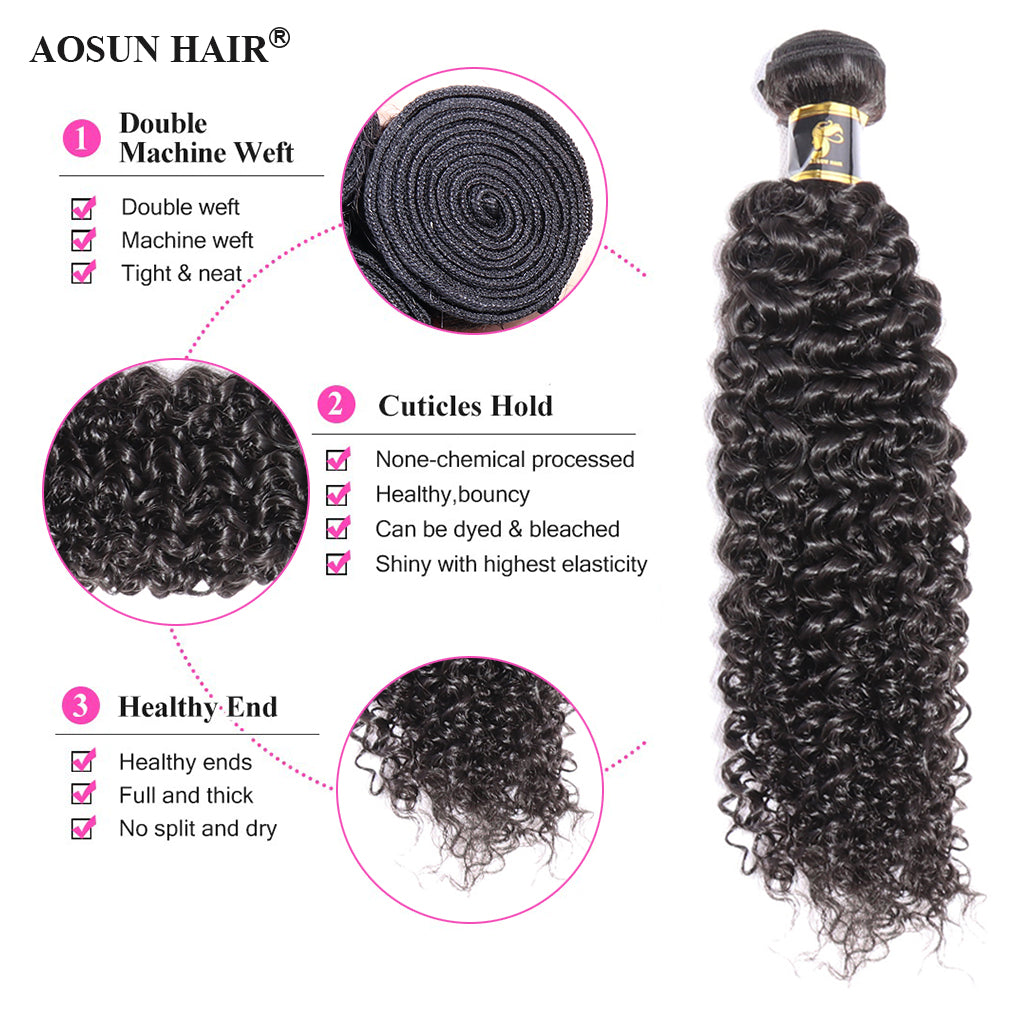 Aosun Hair Kinky Curly Bundles With Closure 3 Bundles Virgin Human Hair Free Shipping