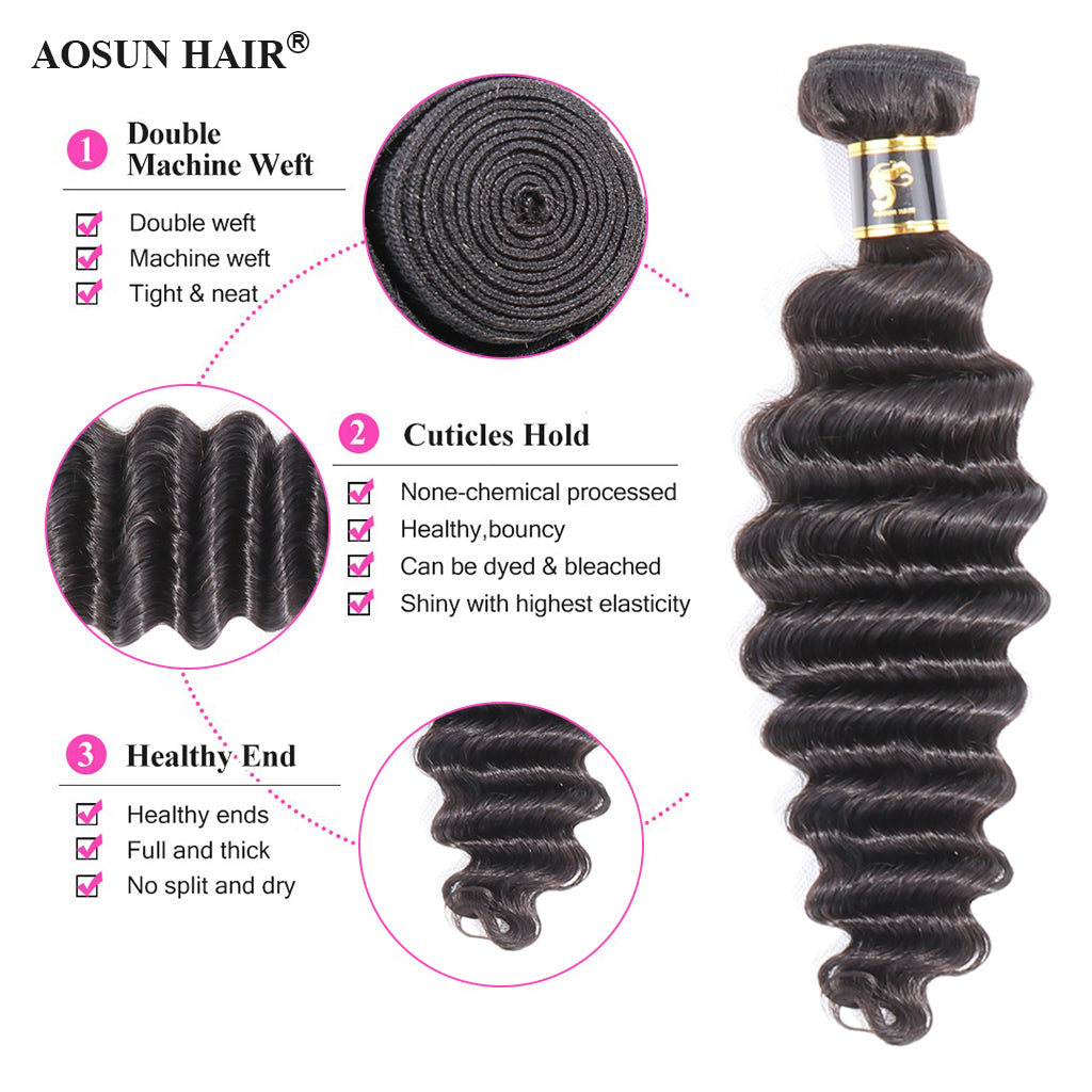 Aosun Brazilian Virgin Hair Bundles with Closure Loose Deep Wave Human Hair