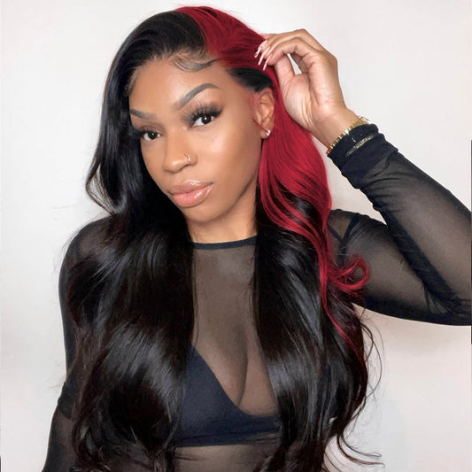 Wine Red Burgundy Color Skunk Stripe Straight Human Hair Lace Front Wigs