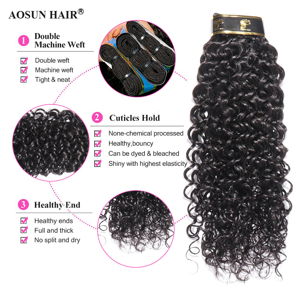 Aosun Italian Curly Human Hair Bundles with Closure Brazilian Virgin Hair Free Shipping