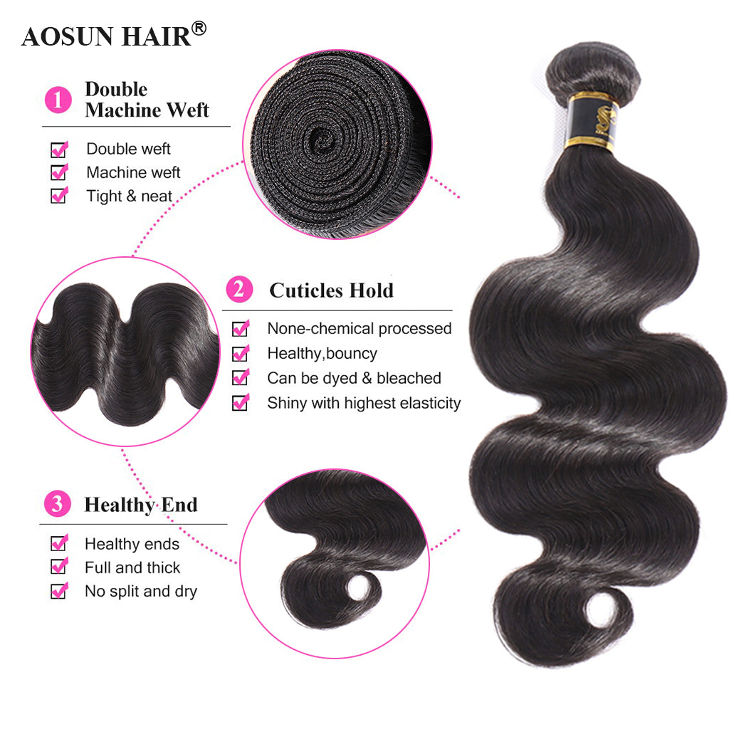 Aosun Human Hair Bundles With Closure 3 Bundles Body Wave Brazilian Hair With Swiss Lace Closure