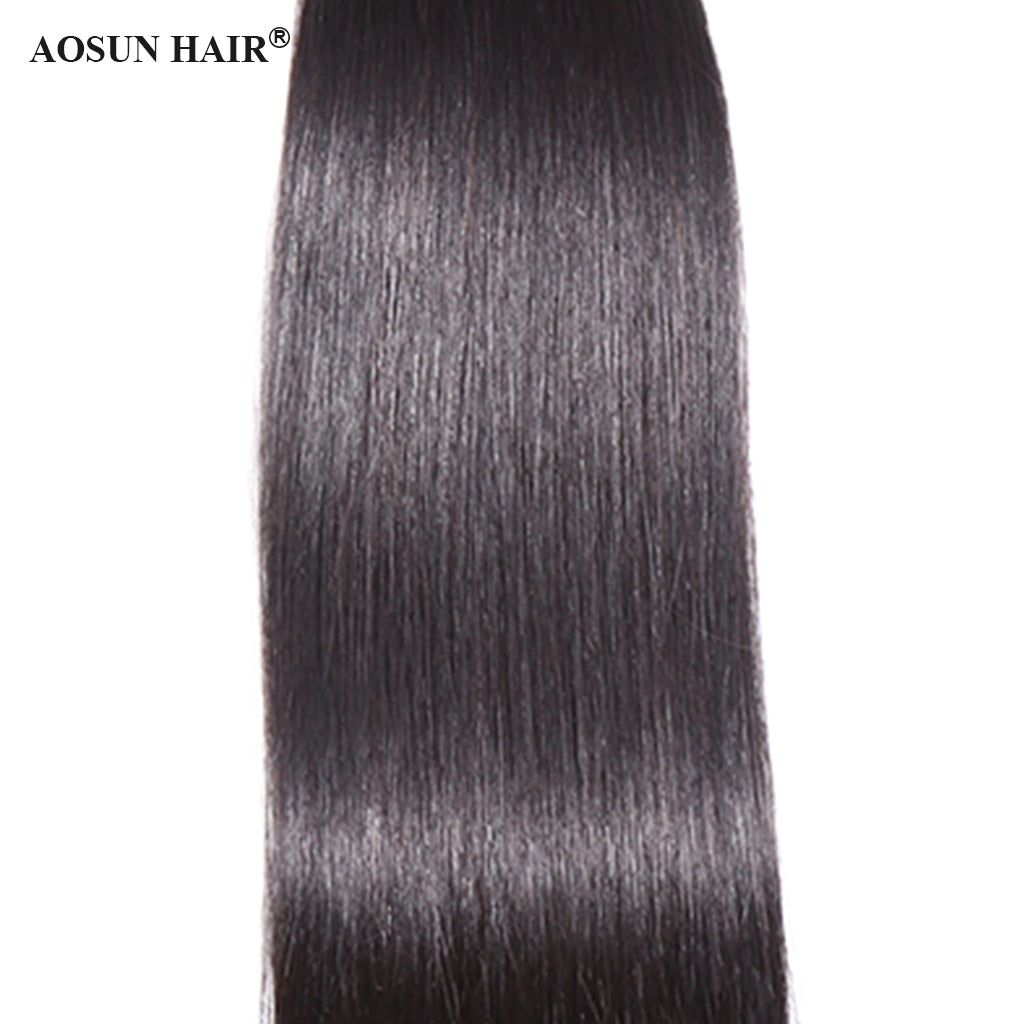 Aosun Straight Hair 3 Bundles With Closure Virgin Human Hair 4*4 Swiss Lace Brazilian Hair