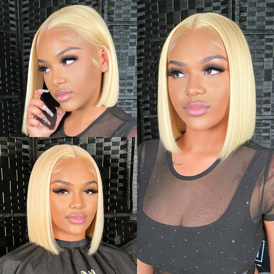 Straight Short Bob Wig 4x4 Lace Lace Closure Human Hair Wig #613 Blonde Color