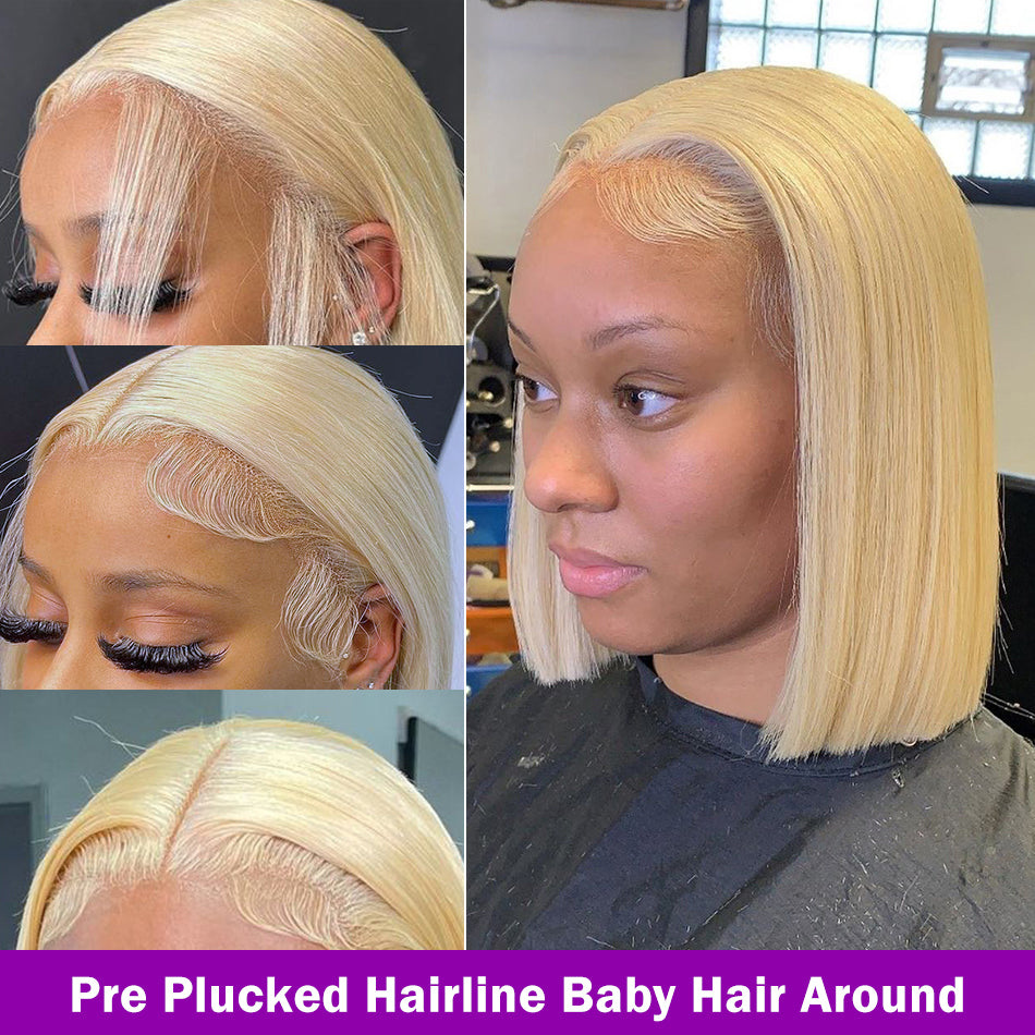 Straight Short Bob Wig 4x4 Lace Lace Closure Human Hair Wig #613 Blonde Color