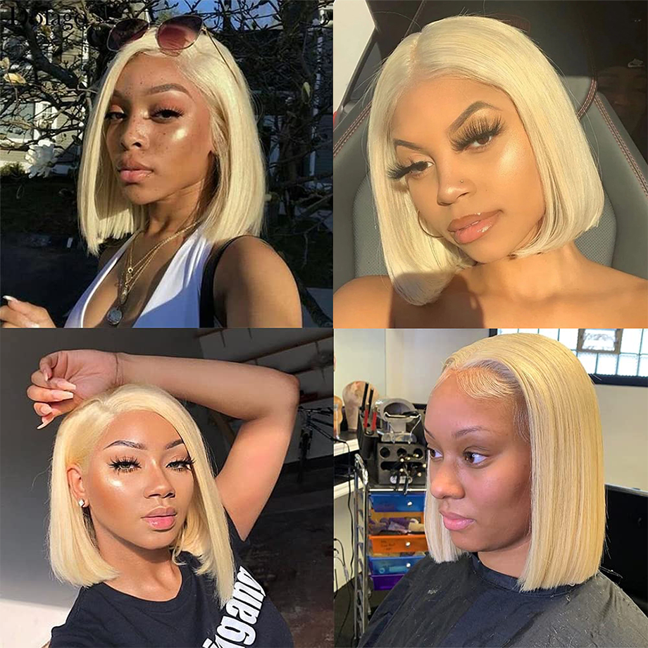 Straight Short Bob Wig 4x4 Lace Lace Closure Human Hair Wig #613 Blonde Color