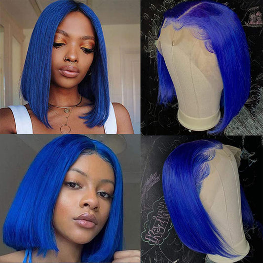 Brazilian Straight Short Bob Wigs Dark Blue T-Part Lace Front Human Hair Middle Part Pre Plucked Hairline with Baby Hair