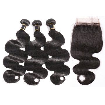 Aosun Human Hair Bundles With Closure 3 Bundles Body Wave Brazilian Hair With Swiss Lace Closure