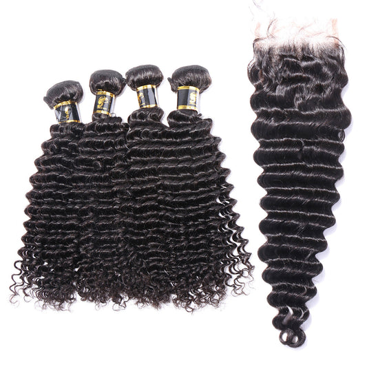 Aosun Deep Wave Human Hair Bundles With Closure Brazilian Hair Weave With Closure