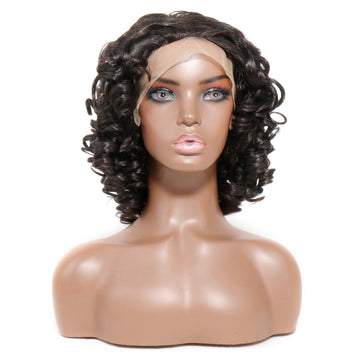 Bouncy Curly Human Hair Wigs 13x1 Lace Frontal Wig Short Curly Natural Black Wigs For Women