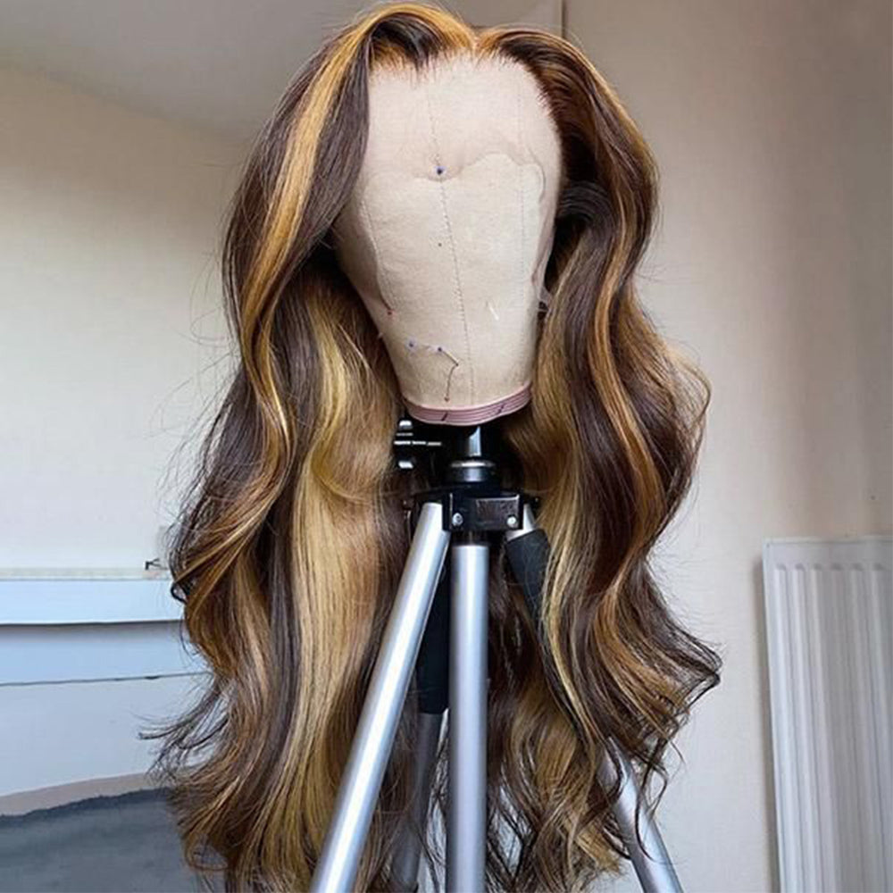 Aosun Honey Blonde Highlight P4/27 Color Body Wave 13x4 Front Lace Human Hair Wigs 150% Density