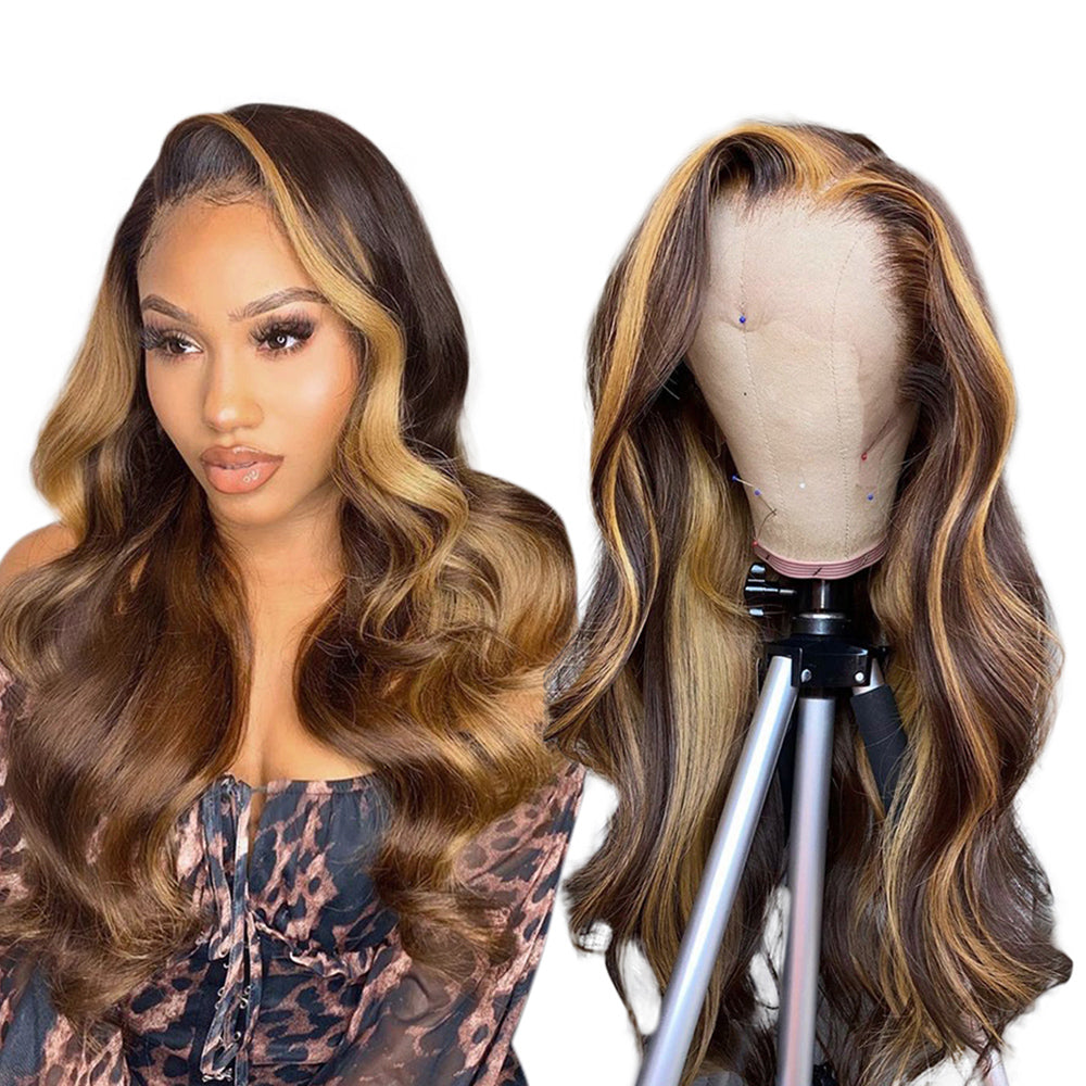 Aosun Honey Blonde Highlight P4/27 Color Body Wave 13x4 Front Lace Human Hair Wigs 150% Density