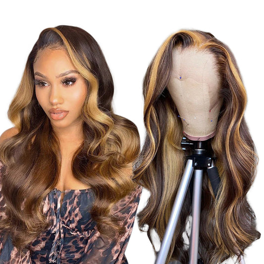 Aosun Honey Blonde Highlight P4/27 Color Body Wave 13x4 Front Lace Human Hair Wigs 150% Density