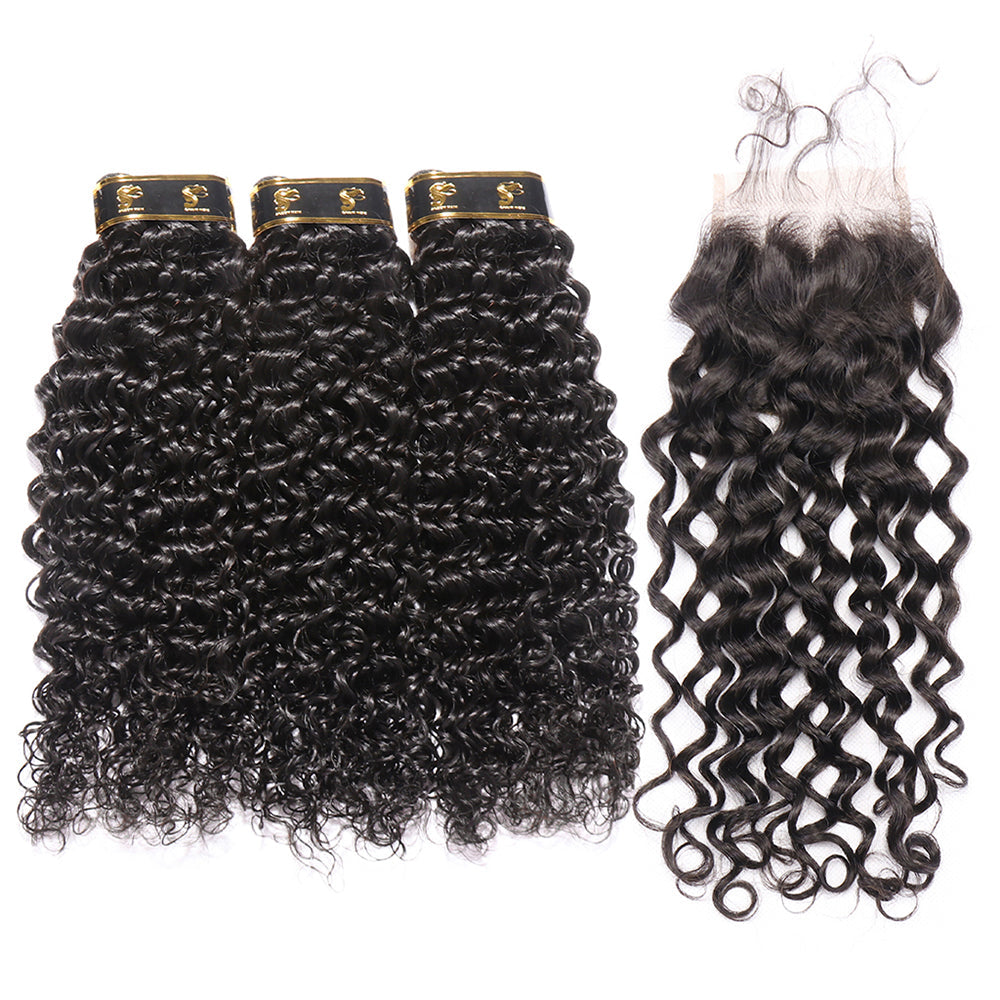 Aosun Italian Curly Human Hair Bundles with Closure Brazilian Virgin Hair Free Shipping