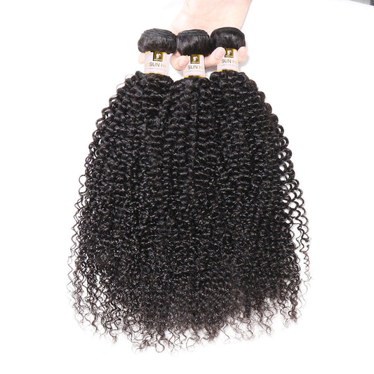 Unprocessed Peruvian Hair Kinky Curly 3 Bundles with 4x4 Closure Curly Weft Extensions Weaves Natural Black