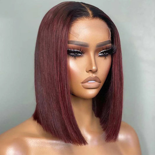 Ombre Burgundy straight human hair bob wig 99J color 4x4 lace closure wig