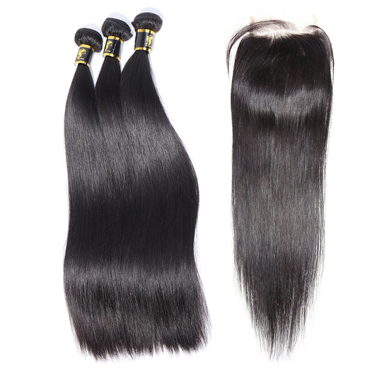 Aosun Straight Hair 3 Bundles With Closure Virgin Human Hair 4*4 Swiss Lace Brazilian Hair