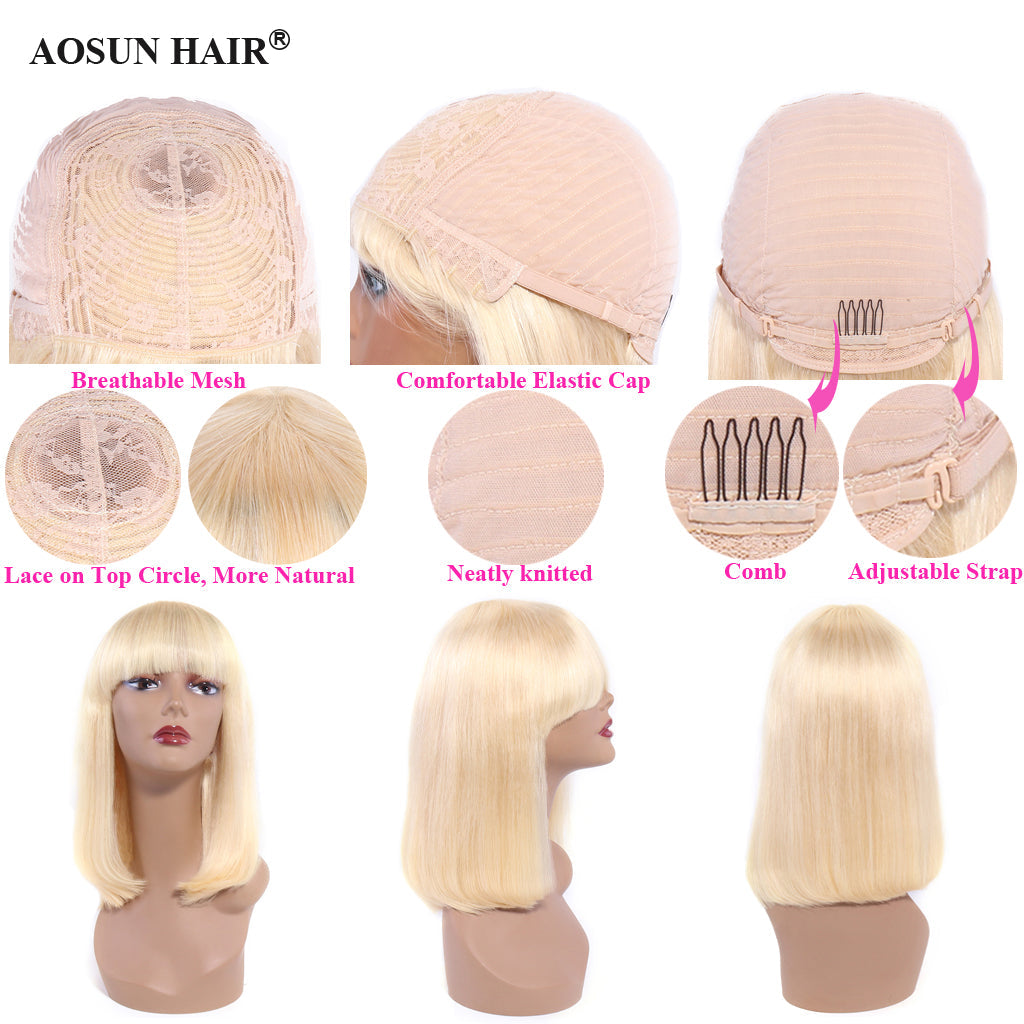 613 Bob Wig with Bangs Glueless 150% Density Brazilian Human Hair None Lace Machine Made Blonde Straight Wigs