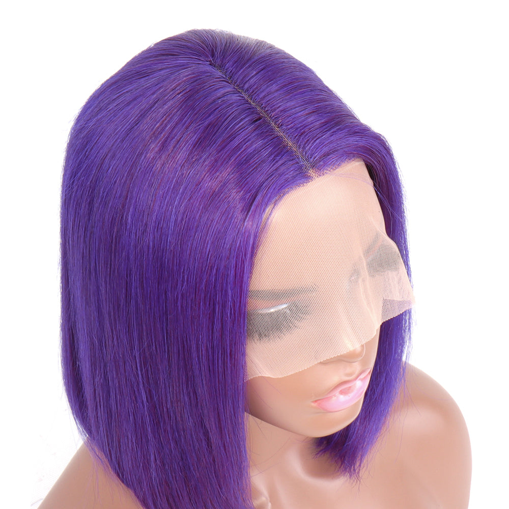 Aosun Short Purple Bob Wig Silky Straight 13x1x4 Swiss Lace Front T Part Virgin Human Hair Wigs Pre Plucked for Women 150% Density