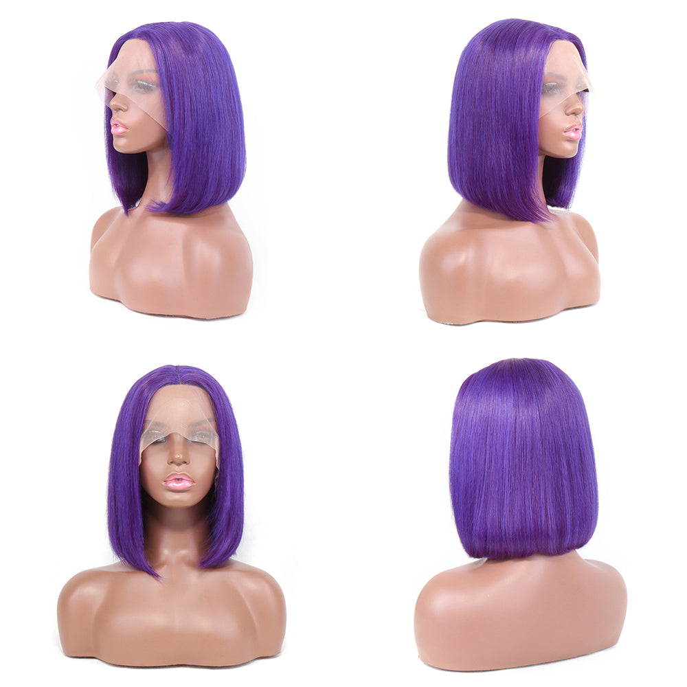 Aosun Short Purple Bob Wig Silky Straight 13x1x4 Swiss Lace Front T Part Virgin Human Hair Wigs Pre Plucked for Women 150% Density